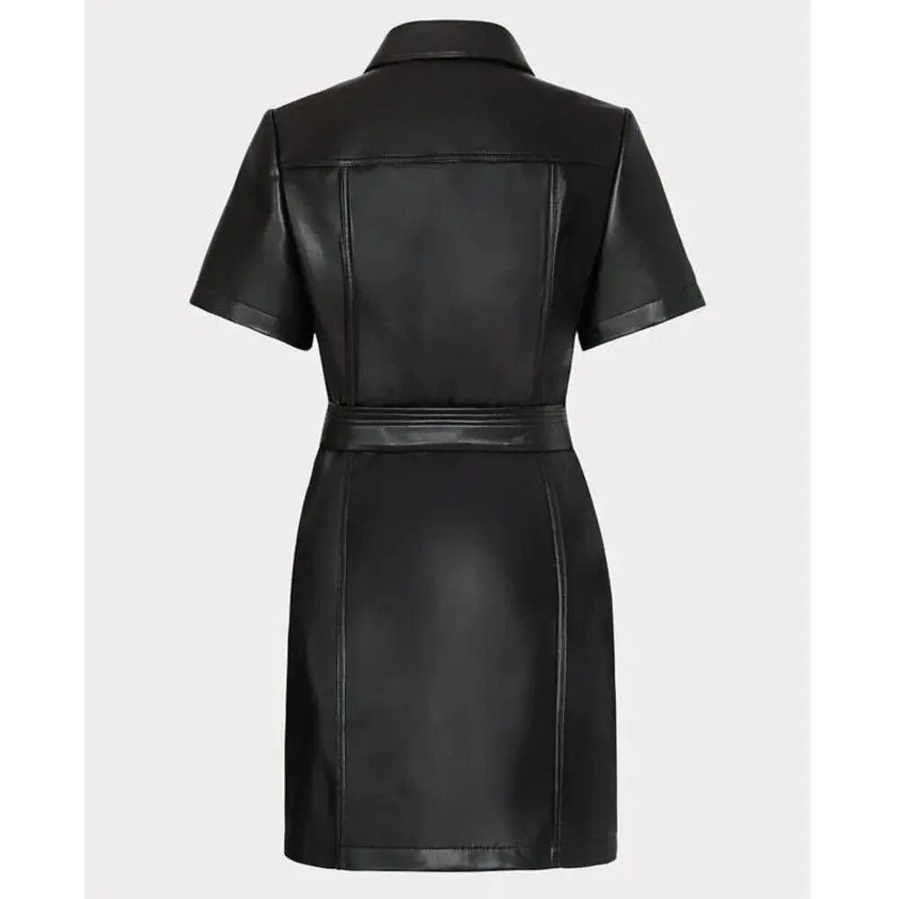 Milly Haven Black Vegan Leather Mini Shirt Dress Size 2 NWT Glamoratti Office